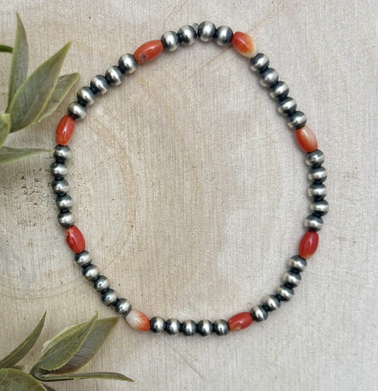4mm Desert Pearls & Red Spiny Stretch Bracelet - Sunset TQ Mountain