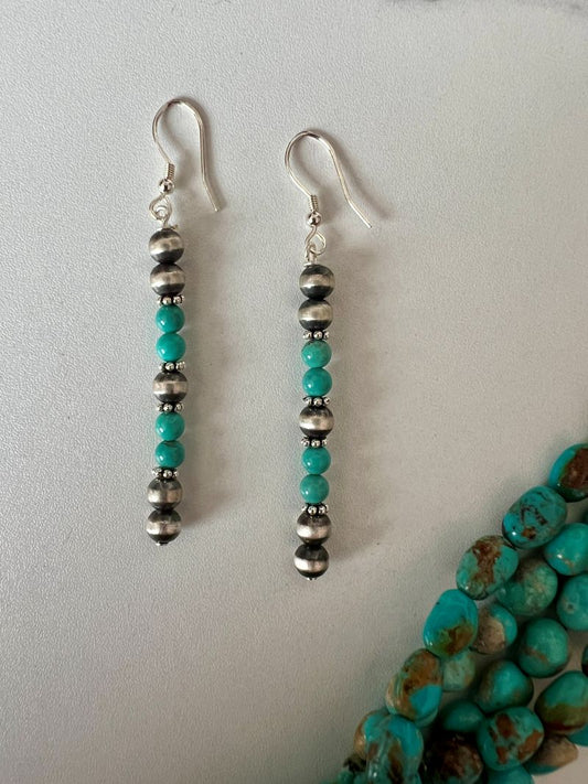 5mm Desert Pearl and Turquoise Stick Dangle Earrings - Sunset TQ Mountain