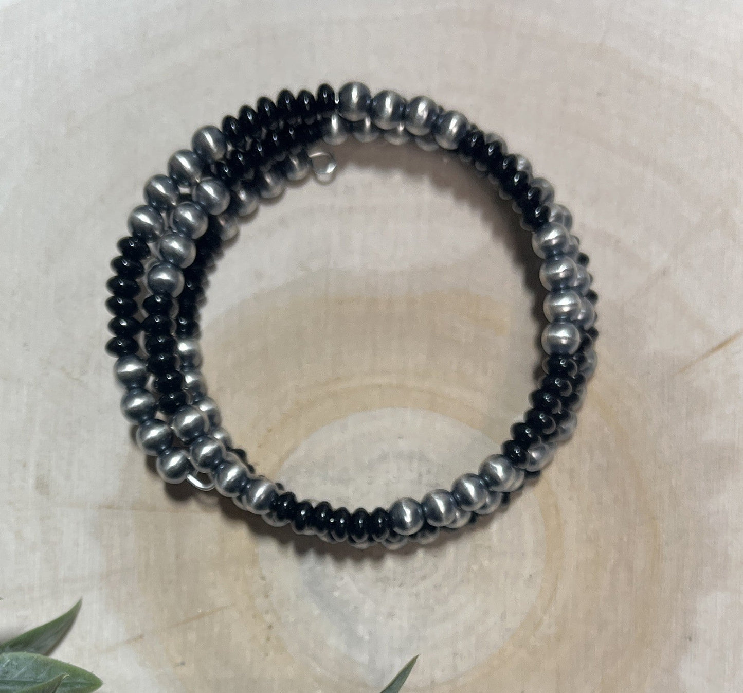 5mm Desert Pearls and Black Onyx 3 - row Memory Bracelet - Sunset TQ Mountain