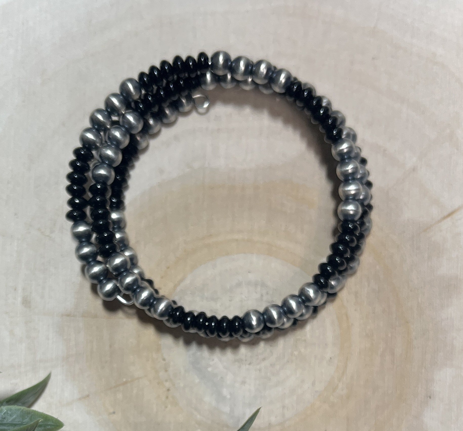 5mm Desert Pearls and Black Onyx 3 - row Memory Bracelet - Sunset TQ Mountain