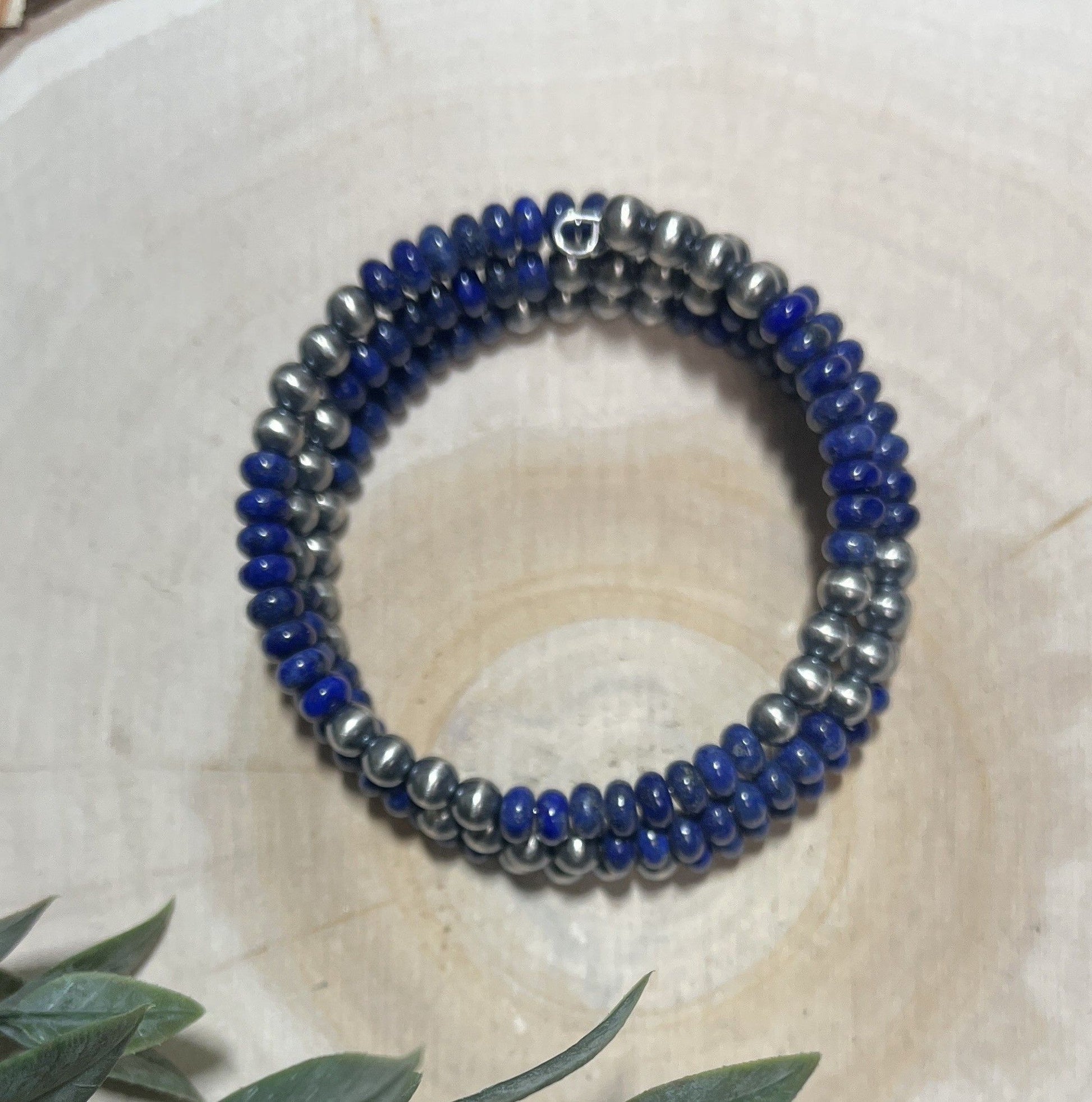 5mm Desert Pearls and Lapis 3 - row Memory Bracelet - Sunset TQ Mountain
