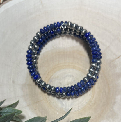 5mm Desert Pearls and Lapis 3 - row Memory Bracelet - Sunset TQ Mountain