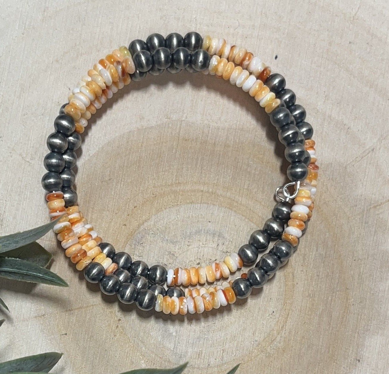 5mm Desert Pearls and Orange Spiny 3 row Memory Bracelet - Sunset TQ Mountain
