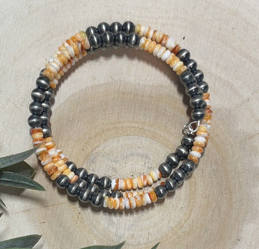 5mm Desert Pearls and Orange Spiny 3 row Memory Bracelet - Sunset TQ Mountain