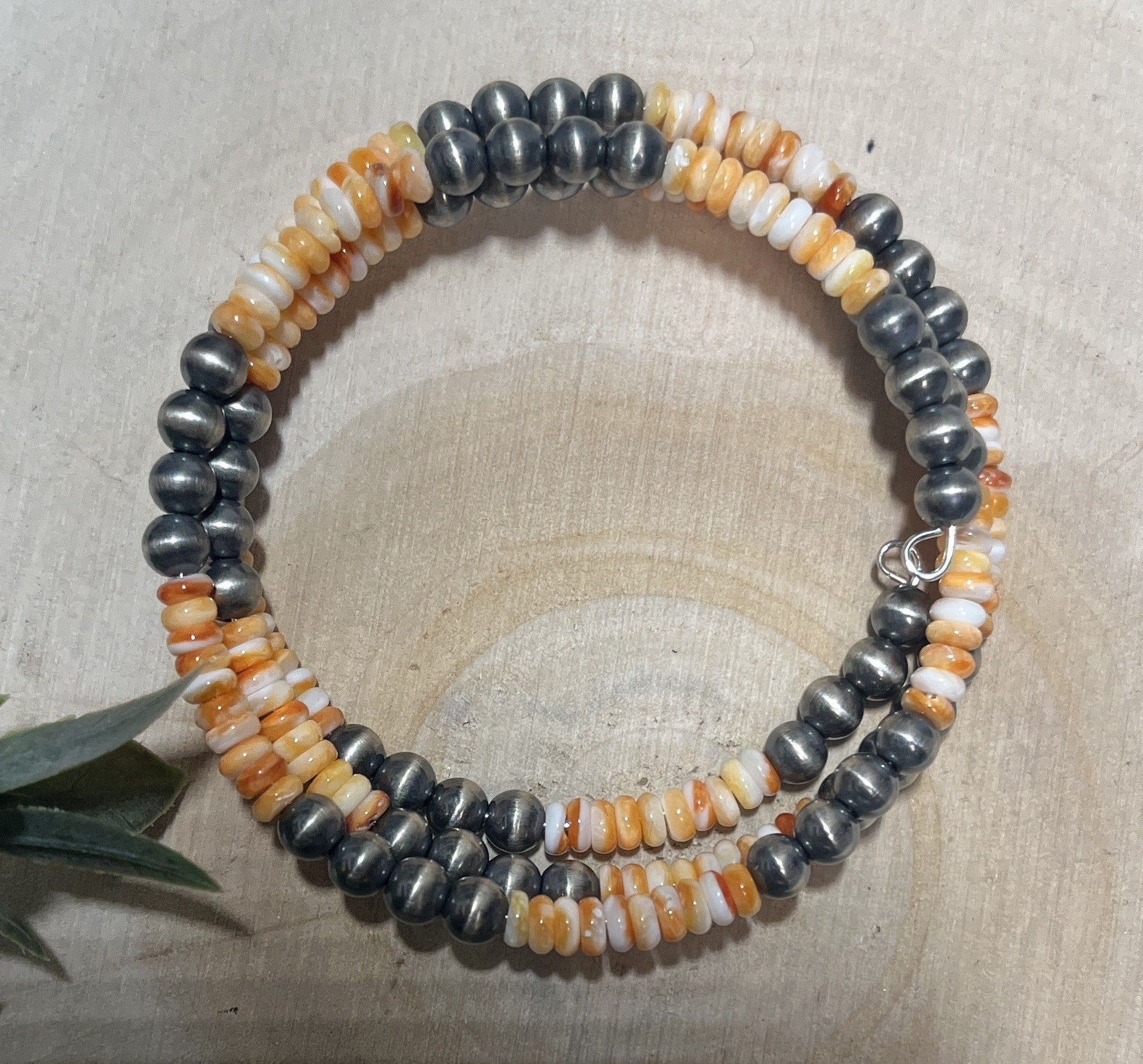 5mm Desert Pearls and Orange Spiny 3 row Memory Bracelet - Sunset TQ Mountain