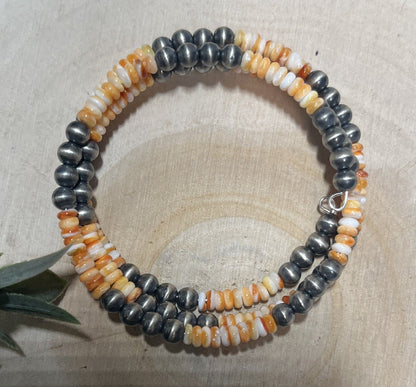 5mm Desert Pearls and Orange Spiny 3 row Memory Bracelet - Sunset TQ Mountain