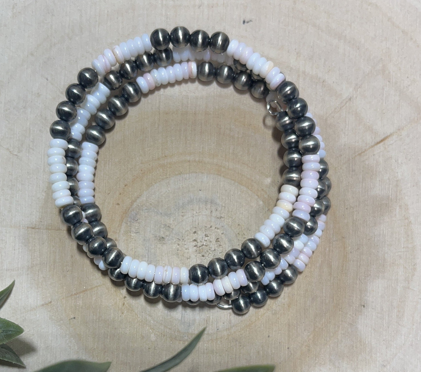5mm Desert Pearls and Pink Conch Shell 3 - row Memory Bracelet - Sunset TQ Mountain