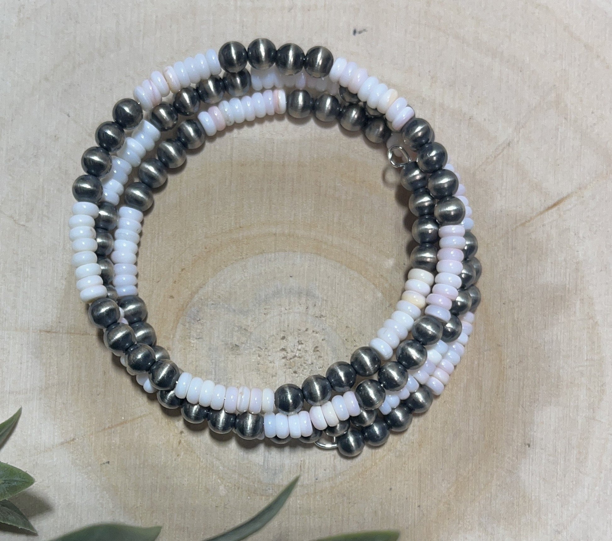 5mm Desert Pearls and Pink Conch Shell 3 - row Memory Bracelet - Sunset TQ Mountain
