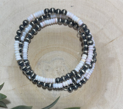 5mm Desert Pearls and Pink Conch Shell 3 - row Memory Bracelet - Sunset TQ Mountain