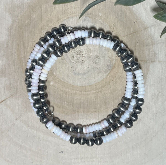 5mm Desert Pearls and Pink Conch Shell 3 - row Memory Bracelet - Sunset TQ Mountain