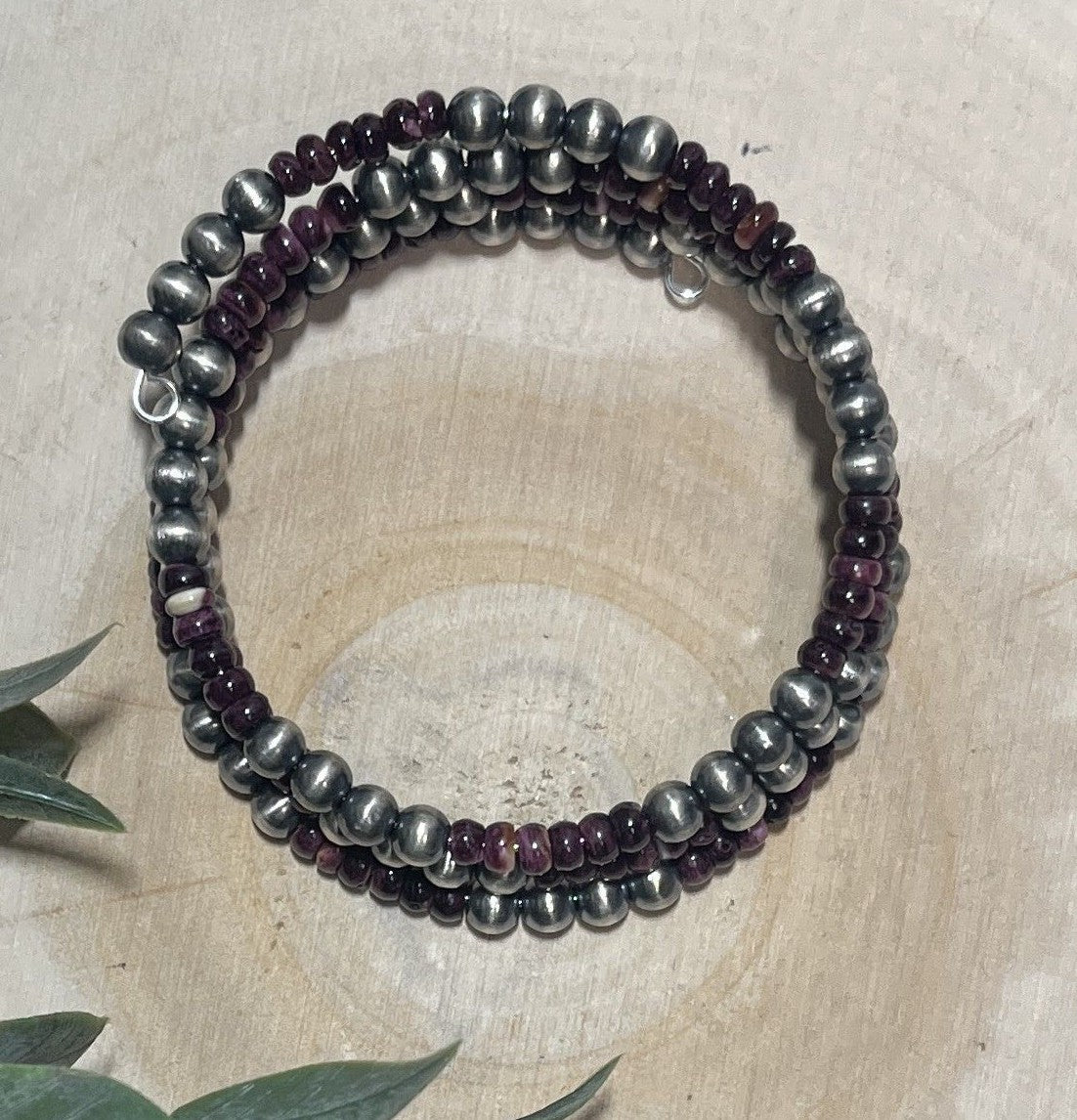 5mm Desert Pearls and Purple Spiny 3 - row Memory Bracelet - Sunset TQ Mountain