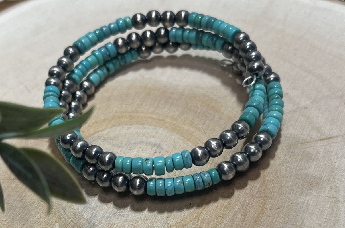 5mm Desert Pearls and Turquoise 3 - row Memory Bracelet - Sunset TQ Mountain
