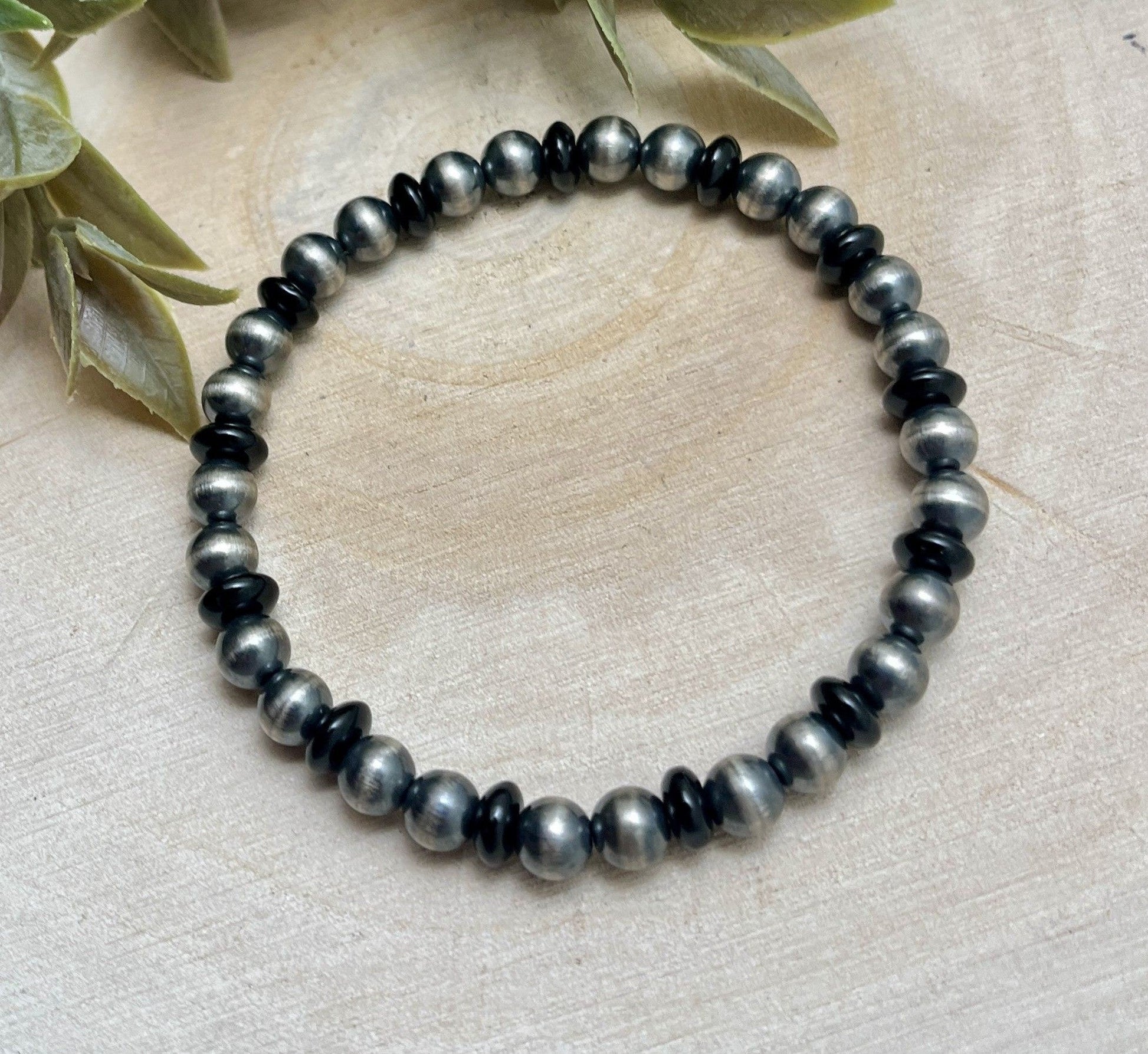 6mm Desert Pearls & Onyx Stretch Bracelet - Sunset TQ Mountain