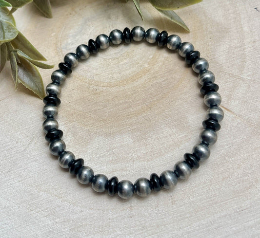 6mm Desert Pearls & Onyx Stretch Bracelet - Sunset TQ Mountain