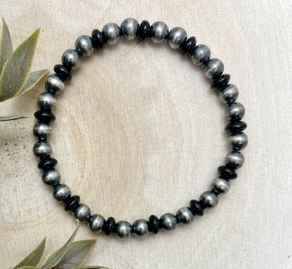 6mm Desert Pearls & Onyx Stretch Bracelet - Sunset TQ Mountain