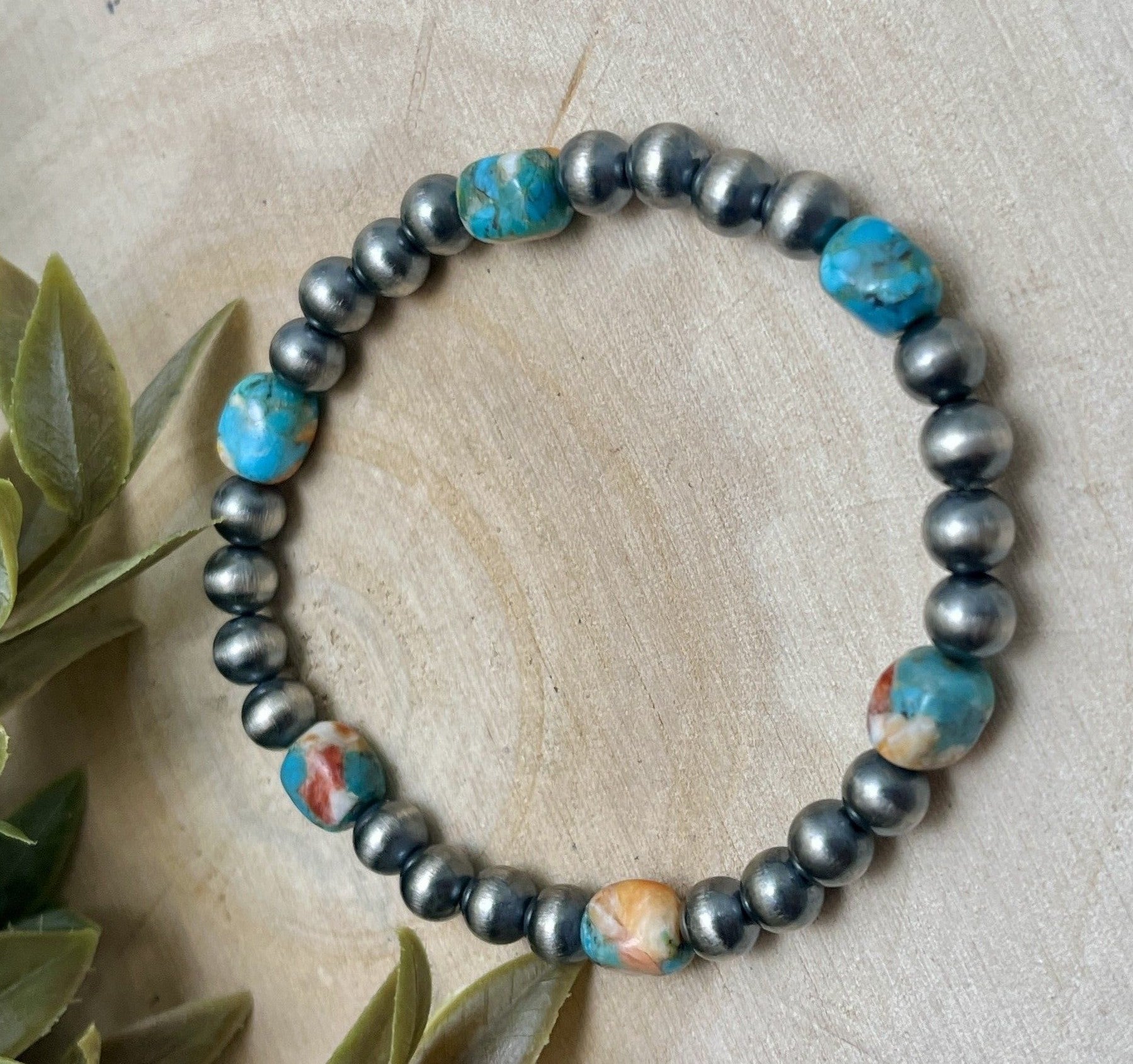 6mm Desert Pearls & Turquoise & Spiny Stretch Bracelet - Sunset TQ Mountain
