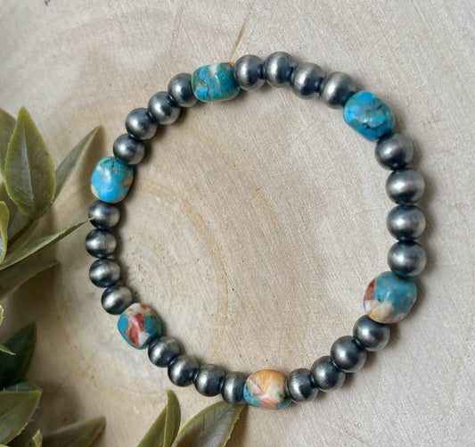 6mm Desert Pearls & Turquoise & Spiny Stretch Bracelet - Sunset TQ Mountain