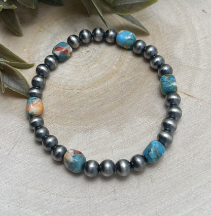 6mm Desert Pearls & Turquoise & Spiny Stretch Bracelet - Sunset TQ Mountain