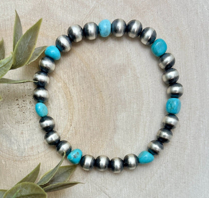 7mm Desert Pearls & Turquoise Stretch Bracelet - Sunset TQ Mountain