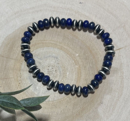 7mm Desert Saucer Pearls & Lapis Stretch Bracelet - Sunset TQ Mountain