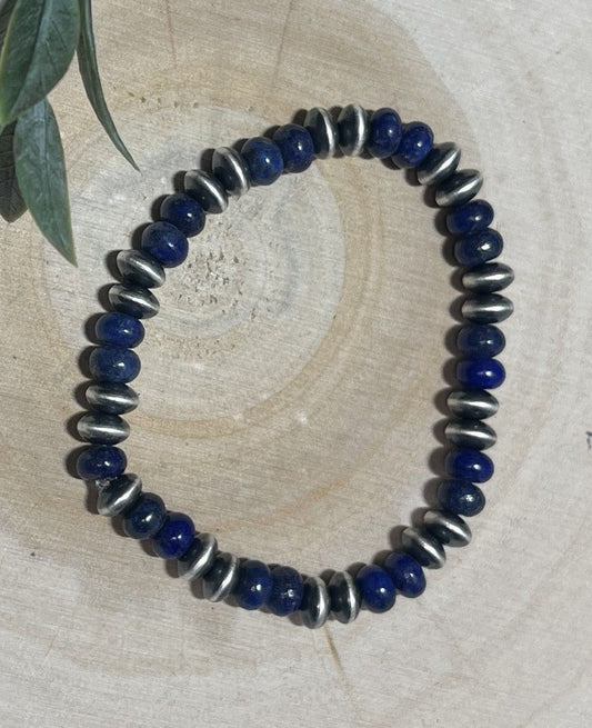 7mm Desert Saucer Pearls & Lapis Stretch Bracelet - Sunset TQ Mountain