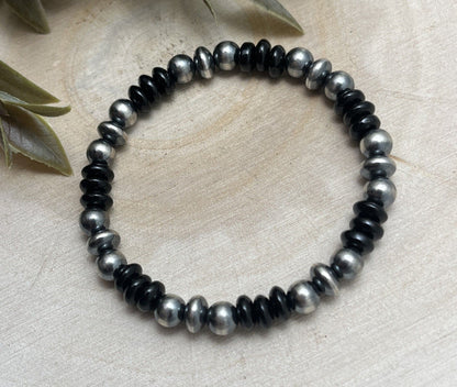 7mm Desert Saucer Pearls & Onyx Stretch Bracelet - Sunset TQ Mountain