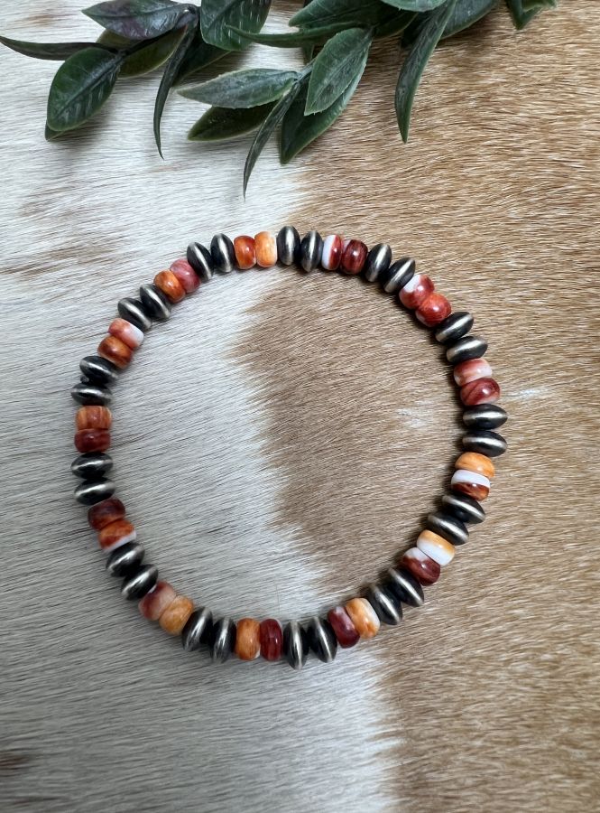 7mm Desert Saucer Pearls & Orange Spiny Stretch Bracelet - Sunset TQ Mountain