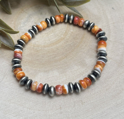 7mm Desert Saucer Pearls & Orange Spiny Stretch Bracelet - Sunset TQ Mountain