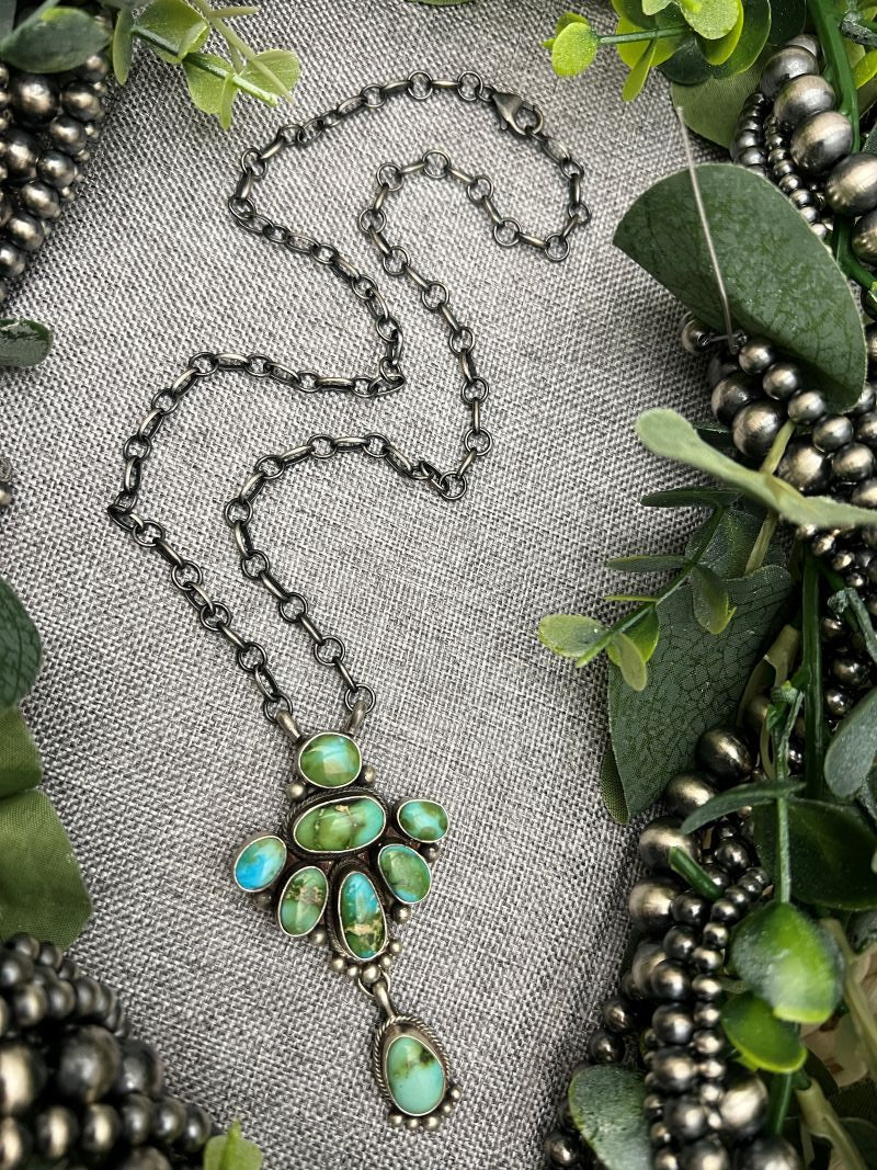 8 - stone Sonoran Turquoise Cluster Bar Necklace - Sunset TQ Mountain