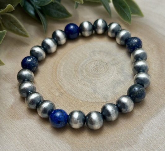 8mm Desert Pearls & Lapis Stretch Bracelet - Sunset TQ Mountain