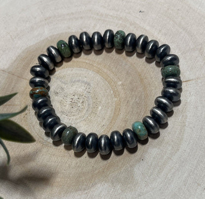 9mm Desert Saucer Pearls & Green Turquoise Stretch Bracelet - Sunset TQ Mountain