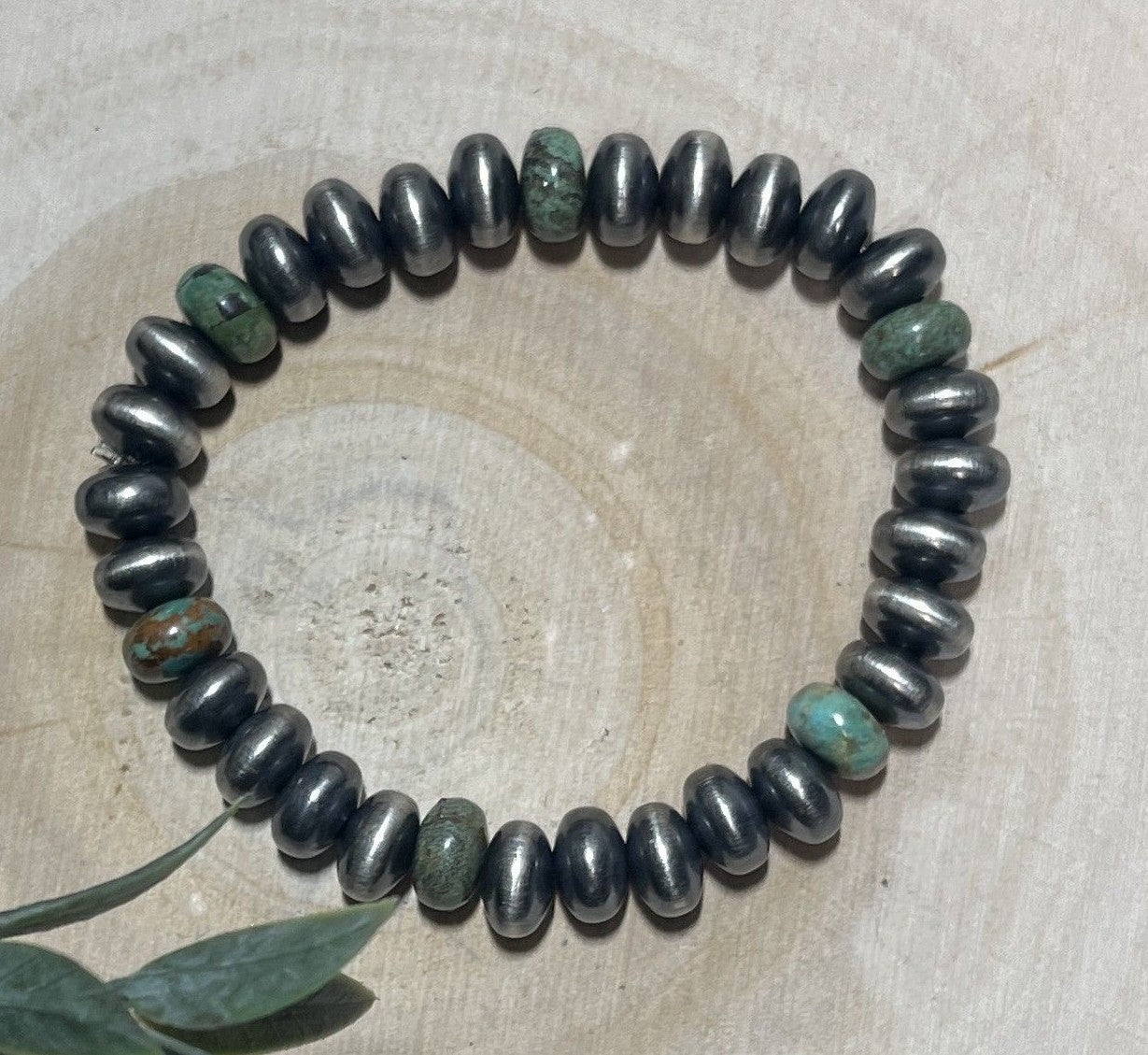 9mm Desert Saucer Pearls & Green Turquoise Stretch Bracelet - Sunset TQ Mountain