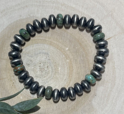 9mm Desert Saucer Pearls & Green Turquoise Stretch Bracelet - Sunset TQ Mountain