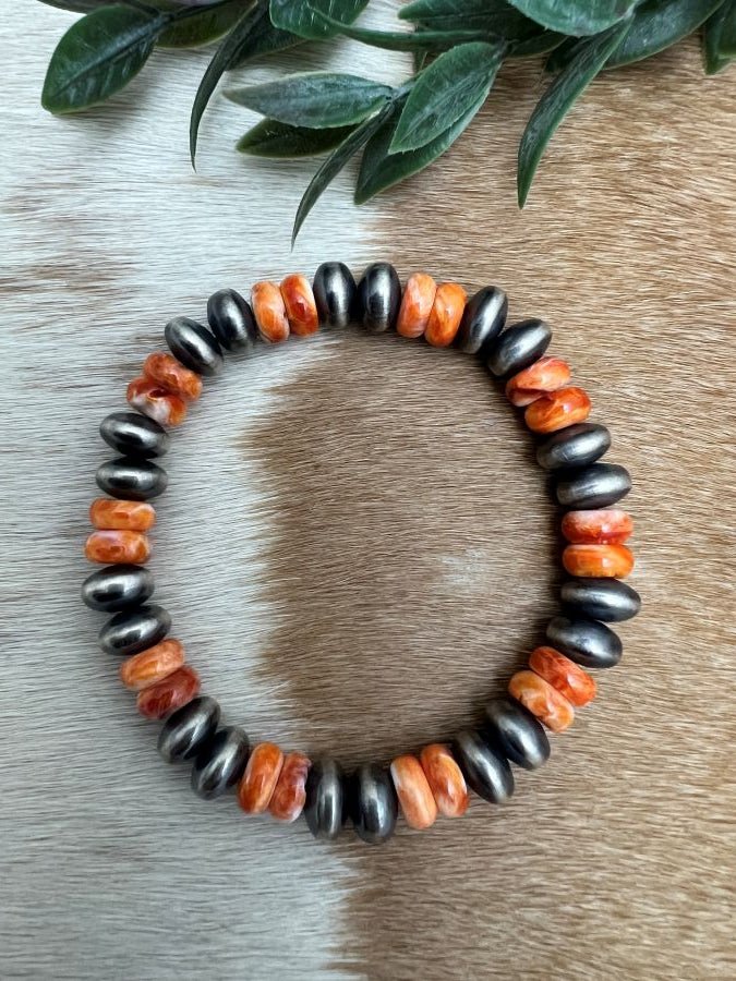 9mm Desert Saucer Pearls & Orange Spiny Stretch Bracelet - Sunset TQ Mountain