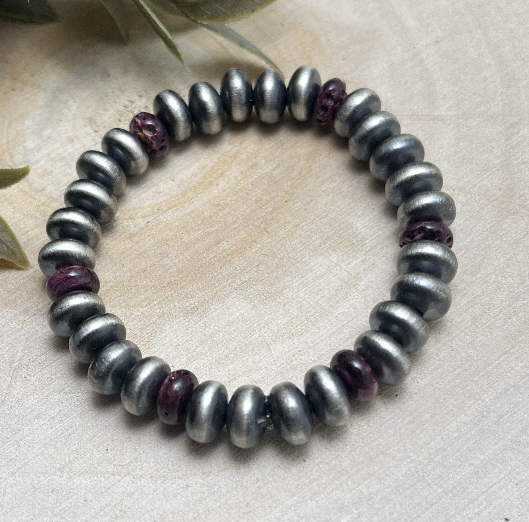 9mm Desert Saucer Pearls & Purple Spiny Stretch Bracelet - Sunset TQ Mountain