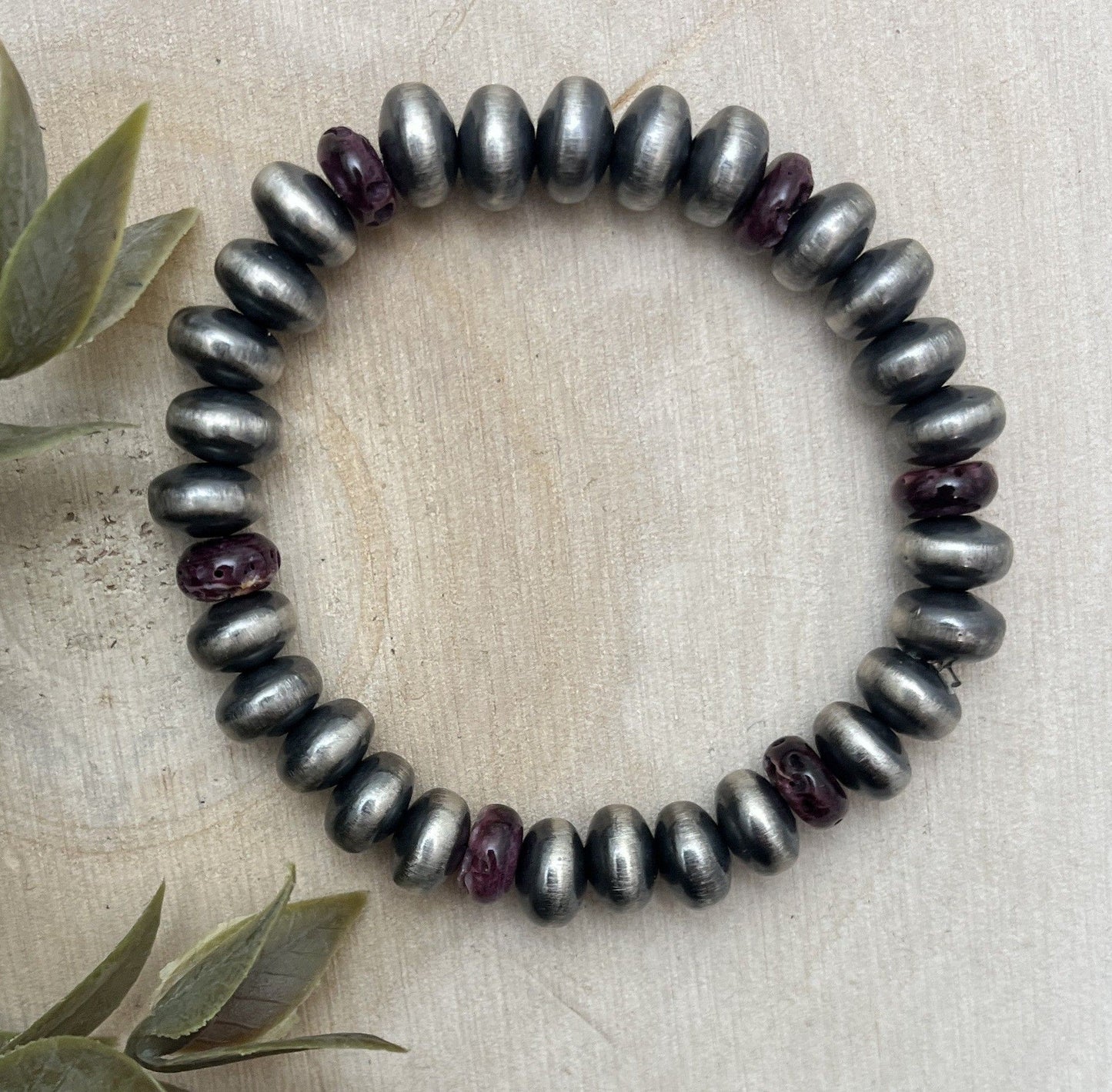 9mm Desert Saucer Pearls & Purple Spiny Stretch Bracelet - Sunset TQ Mountain