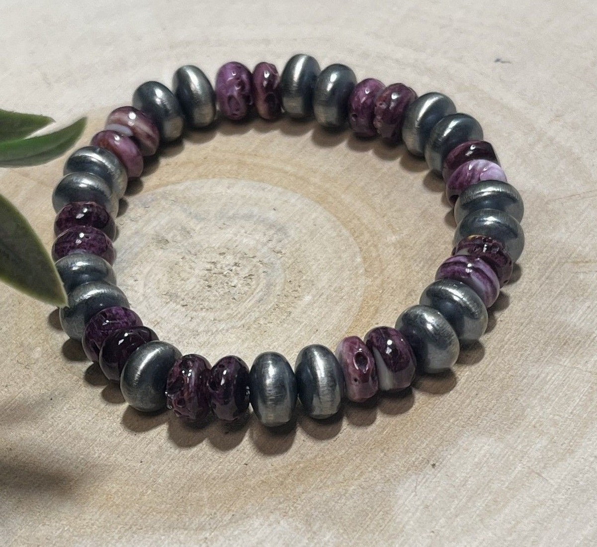 9mm Desert Saucer Pearls & Purple Spiny Stretch Bracelet - Sunset TQ Mountain