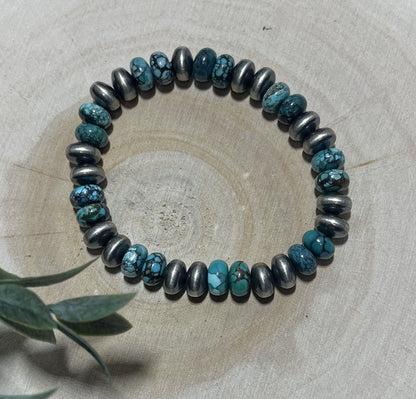 9mm Desert Saucer Pearls & Turquoise Stretch Bracelet - Sunset TQ Mountain