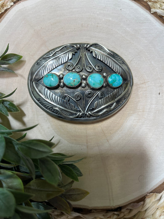 Blue Sonoran Turquoise and Feather Buckle