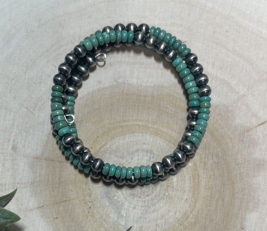 5mm Desert Pearls and Green Turquoise 3-row Memory Bracelet