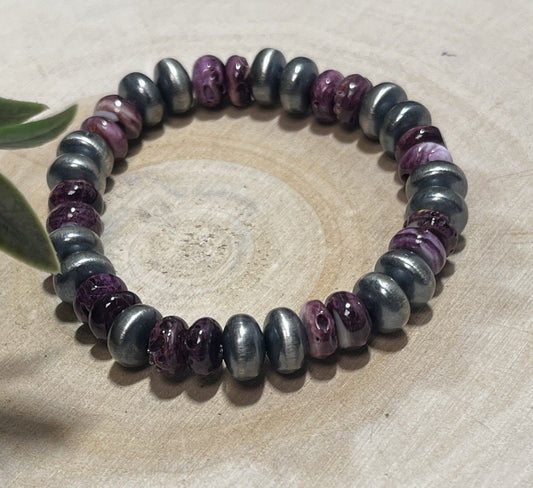 9mm Desert Saucer Pearls & Purple Spiny Stretch Bracelet