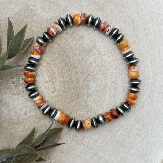 7mm Desert Saucer Pearls & Orange Spiny Stretch Bracelet