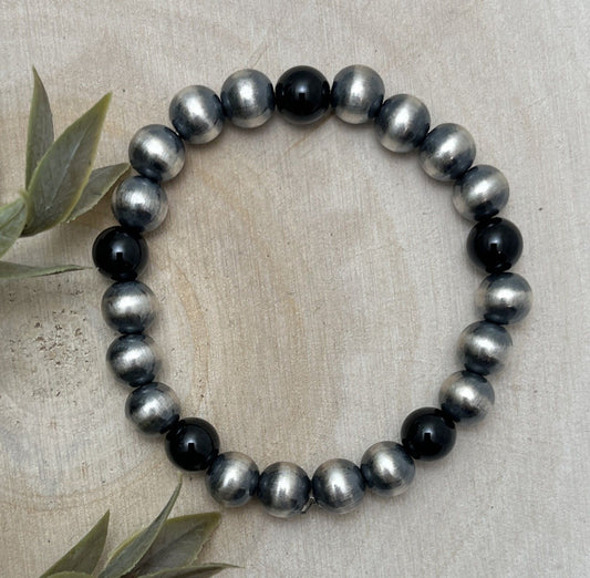 8mm Desert Pearls & Onyx Stretch Bracelet