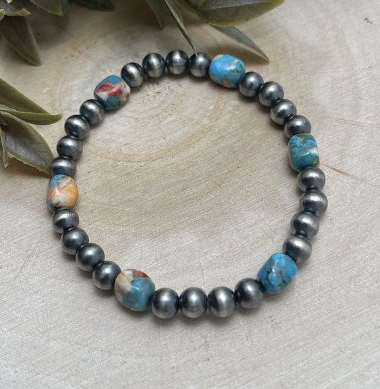 6mm Desert Pearls & Turquoise & Spiny Stretch Bracelet
