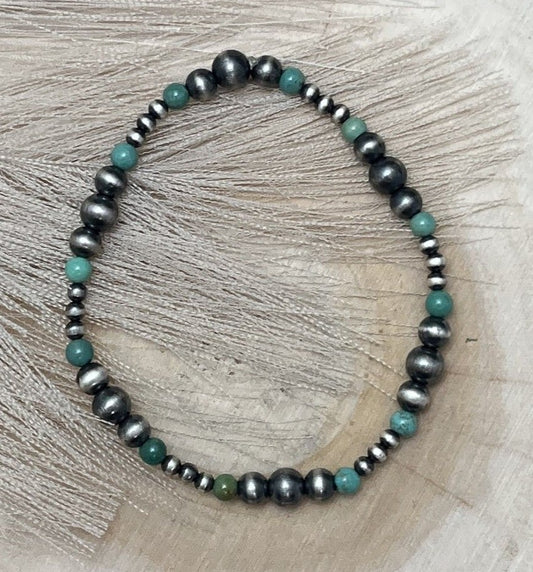 Desert Pearls & Green Turquoise Graduated Stretch Bracelet