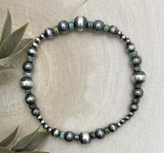Desert Pearls & Green Turquoise Graduated Stretch Bracelet