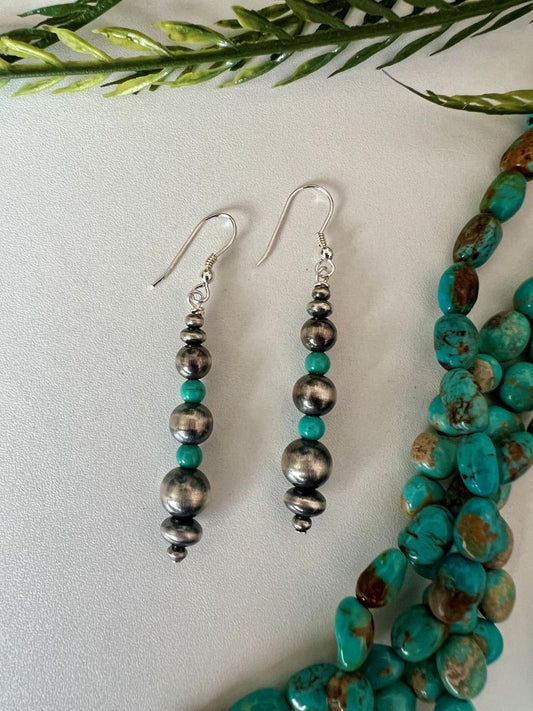Round and Saucer Desert Pearl and Turquoise Dangle Earrings