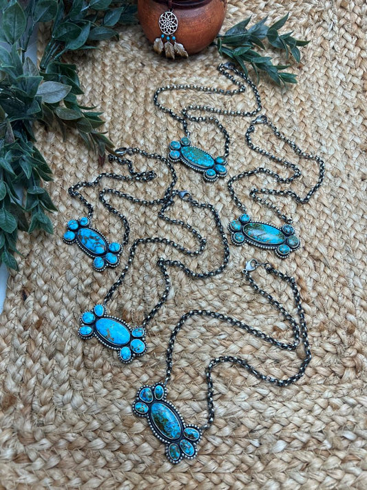 Rena Shelly Kingman Turquoise Cluster Bar Necklaces