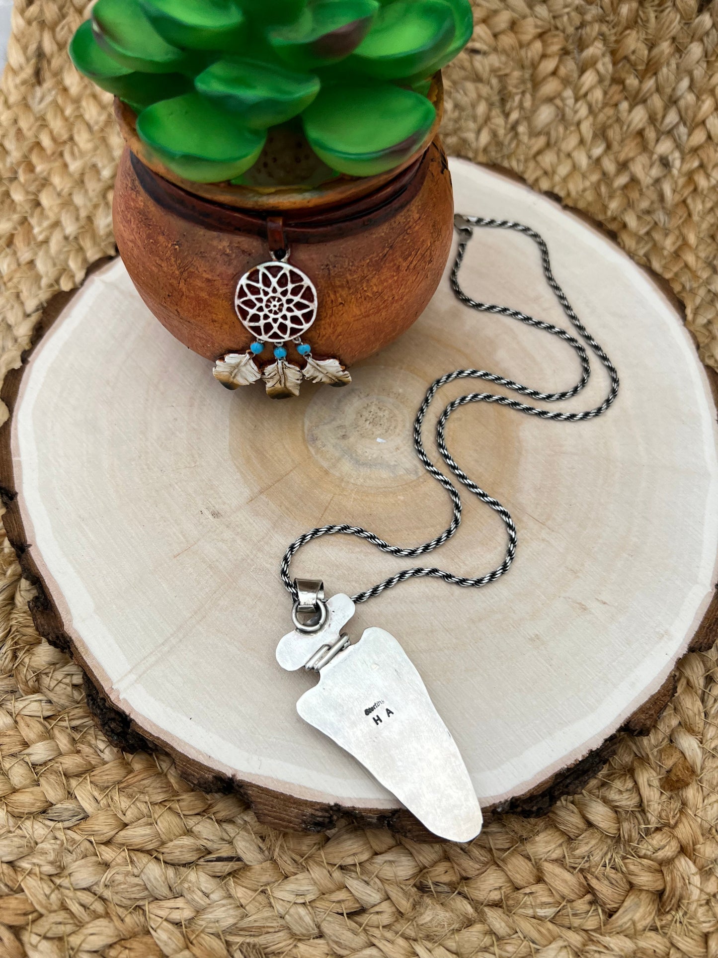 Navajo Artist Turquoise Arrowhead with 20" Rope Chain Oxidized Sterling Silver
