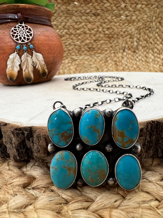 Sheila Tso Navajo Artist 6 Stone Turquoise Bar Necklace 19.5" Chain Oxidized Sterling Silver